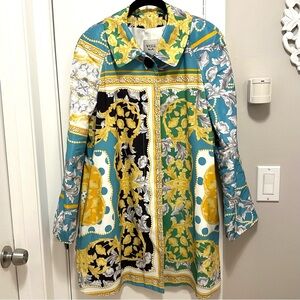 Weill Paris Baroque Ornamental Print Long Lightweight Coat Jacket 10 blue yellow